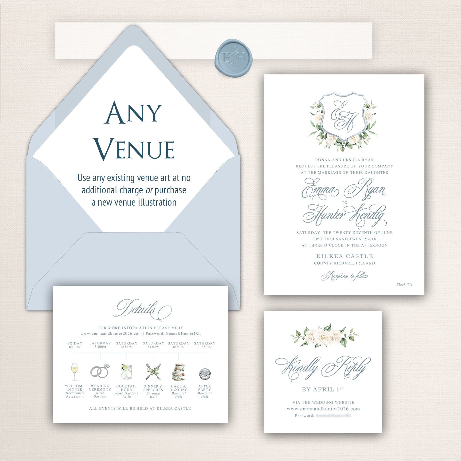 Refined Kilkea Castle wedding invitation suite featuring a powder blue envelope with “Any Venue” placeholder liner design, formal wedding invitation with floral crest monogram and romantic script typography, coordinating wedding weekend details card with illustrated event icons, and minimalist RSVP card in soft blue, sage green, ivory, and neutral tones.