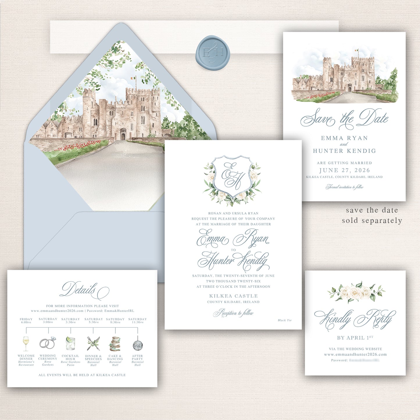 Elegant Kilkea Castle wedding invitation suite featuring a soft blue envelope with watercolor liner illustration of Kilkea Castle in Ireland, formal invitation with floral crest monogram and delicate script typography, matching save the date card, wedding weekend timeline details card with illustrated icons, and RSVP card with ivory floral accents in dusty blue, sage, and neutral tones.