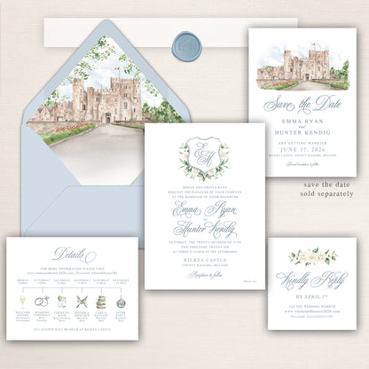 Elegant Kilkea Castle wedding invitation suite featuring a soft blue envelope with watercolor liner illustration of Kilkea Castle in Ireland, formal invitation with floral crest monogram and delicate script typography, matching save the date card, wedding weekend timeline details card with illustrated icons, and RSVP card with ivory floral accents in dusty blue, sage, and neutral tones.