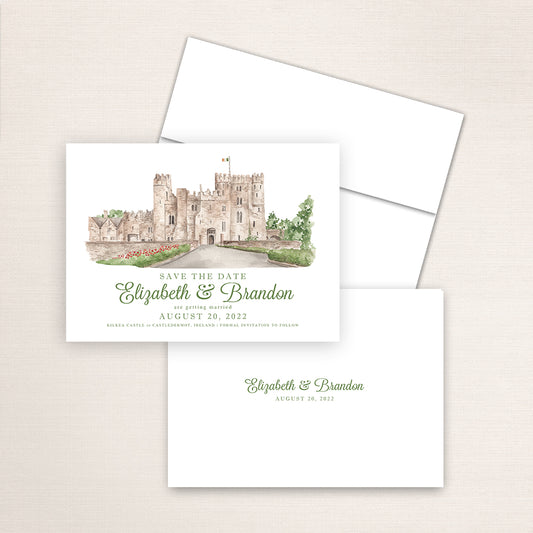 Custom watercolor Save the Date card featuring hand-painted venue illustration of Kilkea Castle in Castledermot, Ireland, personalized wedding stationery with elegant venue artwork. 