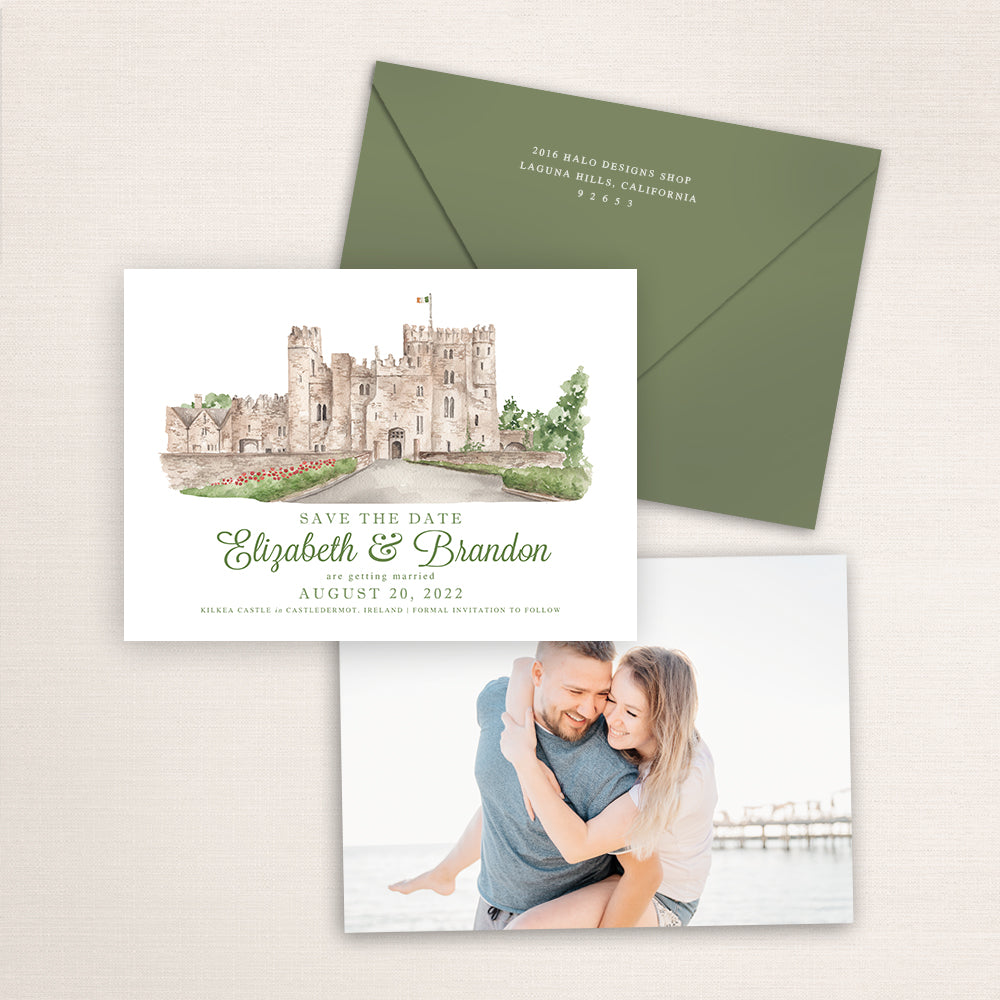 Custom watercolor Save the Date card featuring hand-painted venue illustration of Kilkea Castle in Castledermot, Ireland, personalized wedding stationery with elegant venue artwork with matching envelope.