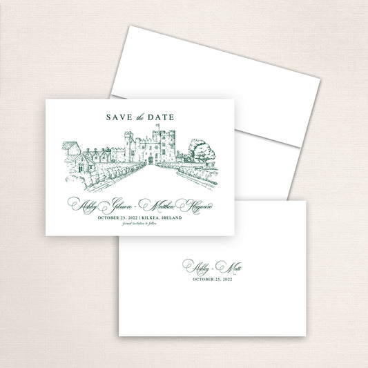 Custom sketch Save the Date card featuring hand-drawn venue illustration of Kilkea Catsle in Kildea Demesne, Ireland, personalized wedding stationery with elegant venue artwork. 