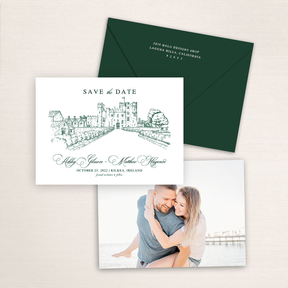 Custom sketch Save the Date card featuring hand-drawn venue illustration of Kilkea Catsle in Kildea Demesne, Ireland, personalized wedding stationery with elegant venue artwork with matching envelope.