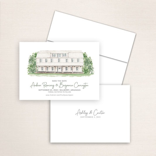 Custom watercolor Save the Date card featuring hand-painted venue illustration of Kindred Barn in Mulberry, Arkansas, personalized wedding stationery with elegant venue artwork.
