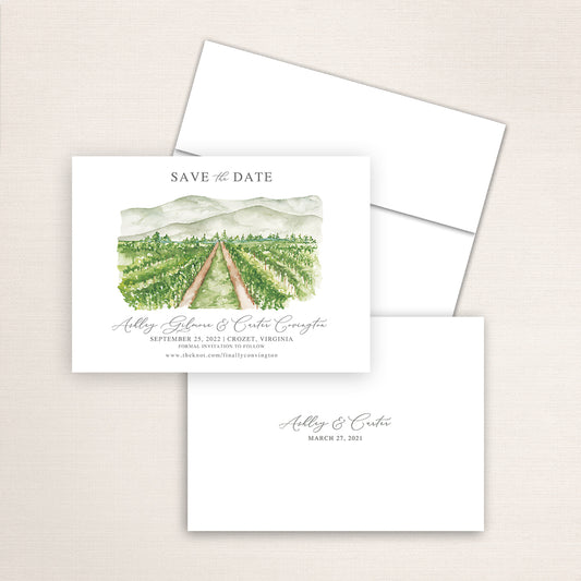 Custom watercolor Save the Date card featuring hand-painted venue illustration of King Family Vineyards in Crozet, Virginia, personalized wedding stationery with vineyard venue artwork. 
