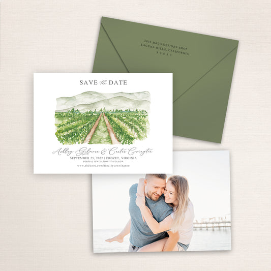 Custom watercolor Save the Date card featuring hand-painted venue illustration of King Family Vineyards in Crozet, Virginia, personalized wedding stationery with vineyard venue artwork and matching envelopes.