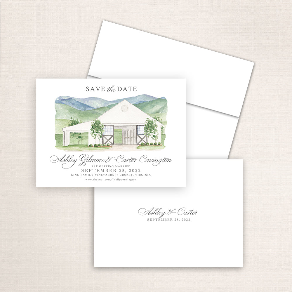 Custom watercolor Save the Date card featuring hand-painted venue illustration of King Family Vineyards in Crozet, Virginia, personalized wedding stationery with elegant venue artwork. 