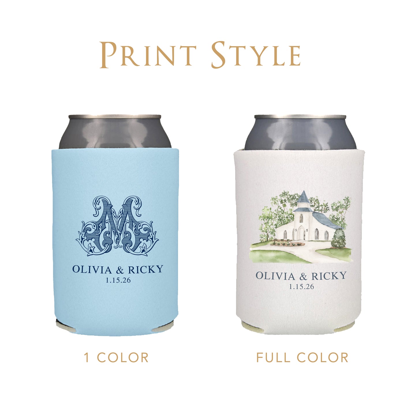 Personalized wedding can cooler koozies comparing one-color monogram printing and full-color venue illustration printing, customized with couple names and wedding date.