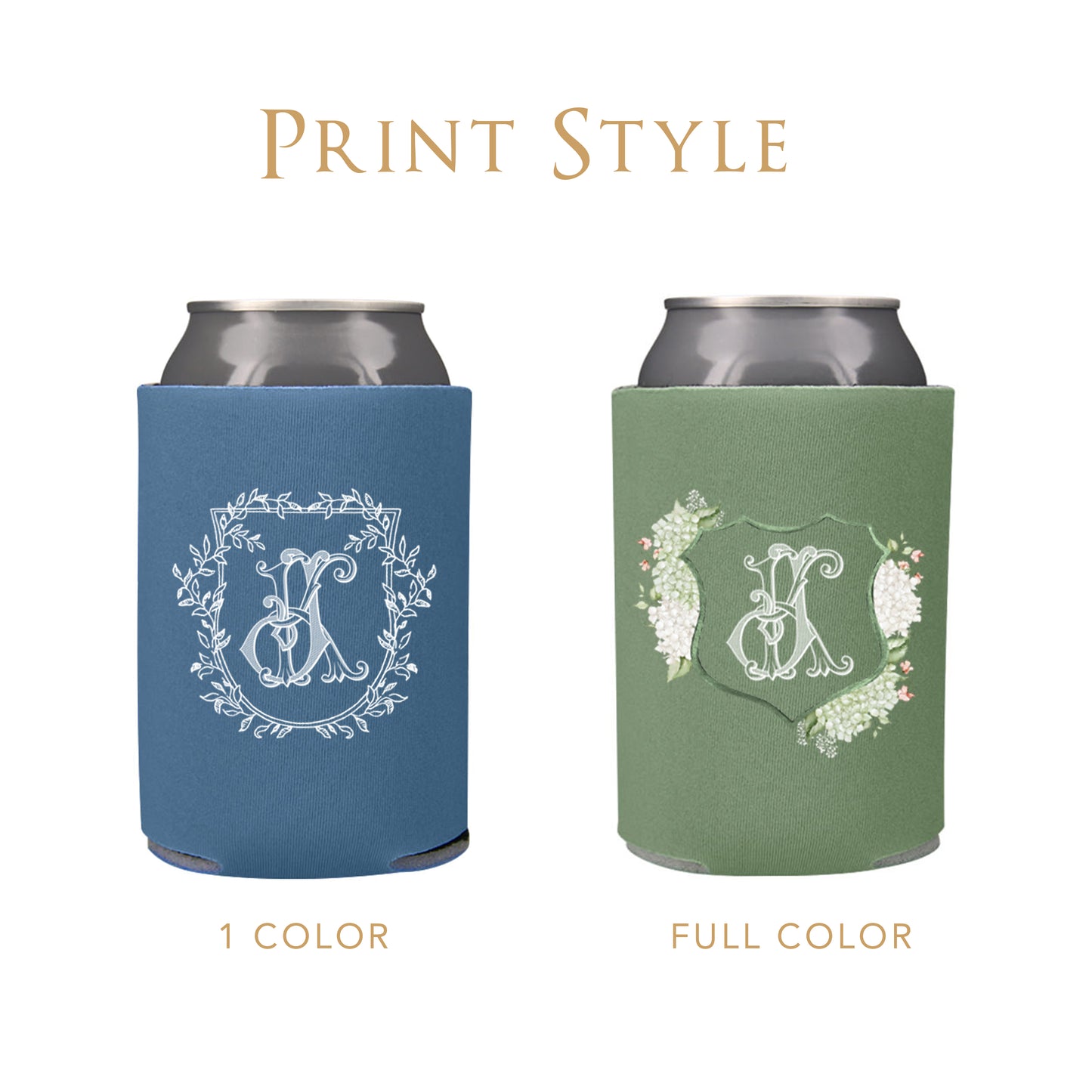 Personalized wedding can cooler koozies shown in one-color and full-color print styles, featuring a monogram crest design on blue and green koozies.