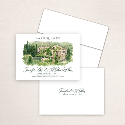 La Baronia wedding save the date with detailed watercolor artwork of the historic Barcelona estate, romantic calligraphy names, white envelope, and minimalist printed back with couple’s names and wedding date.