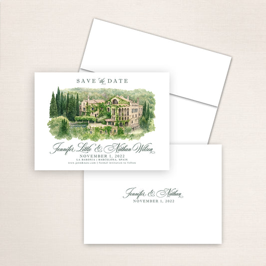 La Baronia wedding save the date with detailed watercolor artwork of the historic Barcelona estate, romantic calligraphy names, white envelope, and minimalist printed back with couple’s names and wedding date.