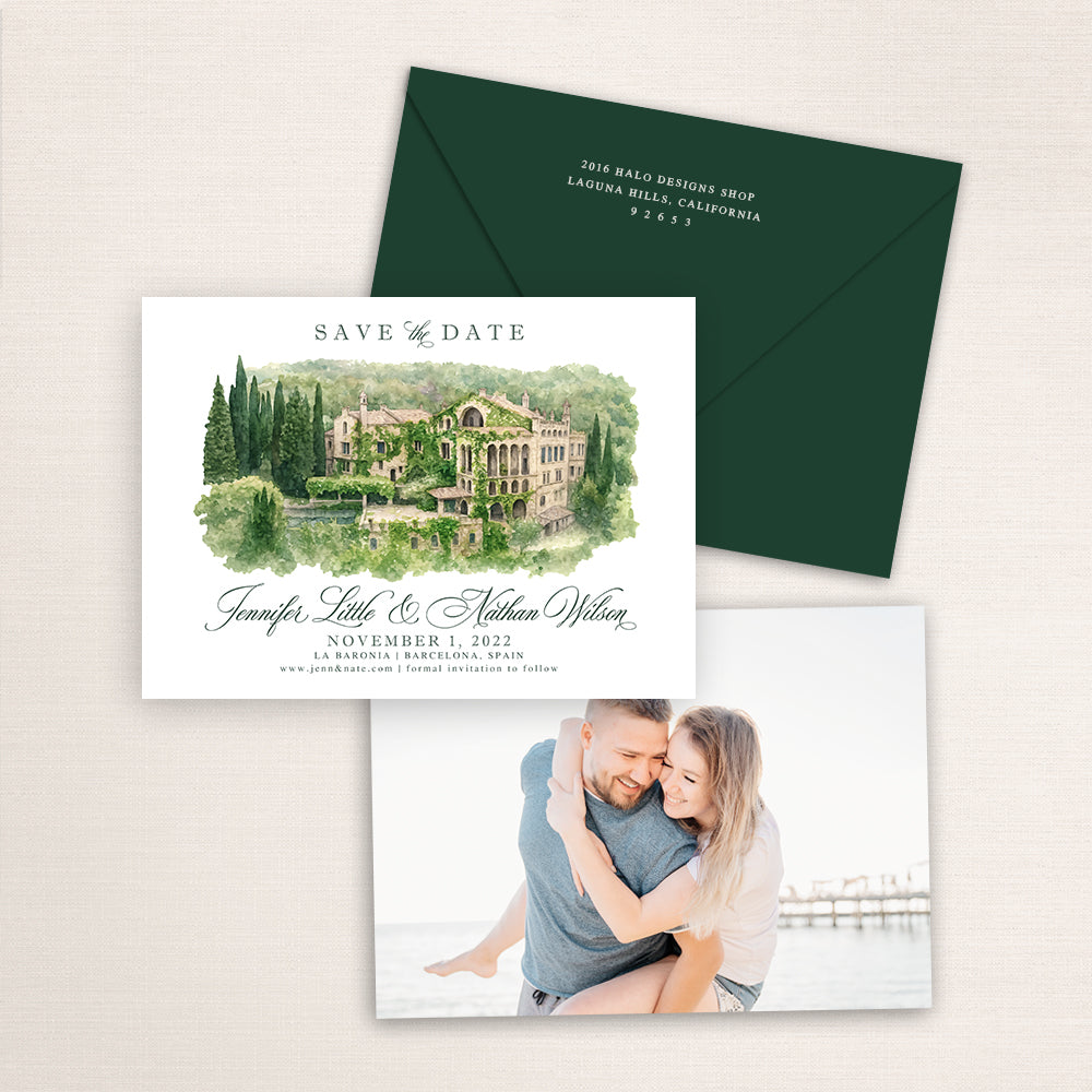 La Baronia Barcelona save the date featuring a custom watercolor illustration of the ivy-covered Spanish estate surrounded by cypress trees and reflecting pool, elegant script typography, dark green envelope, and engagement photo on the back.