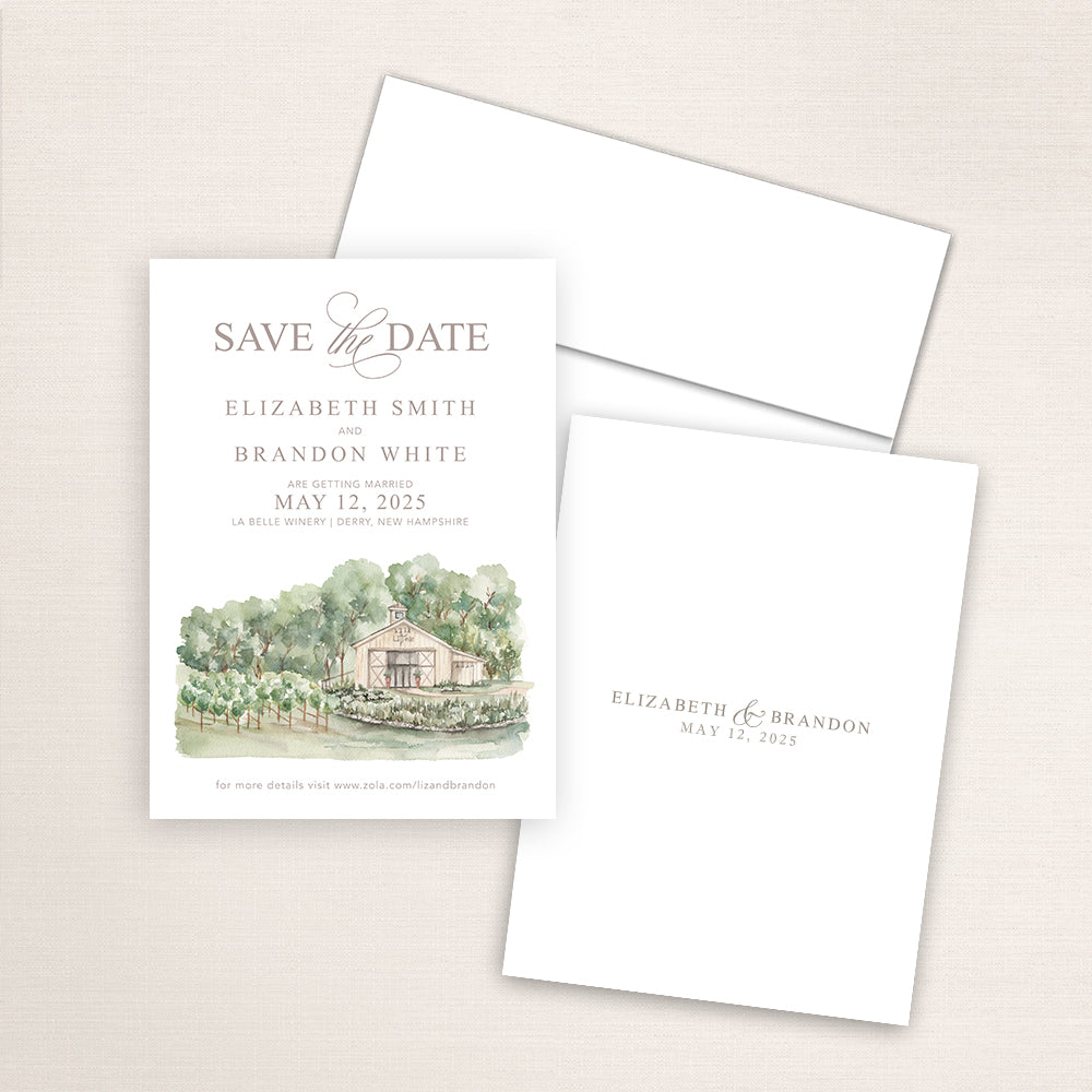Wedding save the date announcements featuring a hand-painted venue watercolor of La Belle Winery in New Hampshire.