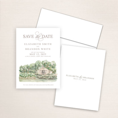 Wedding save the date announcements featuring a hand-painted venue watercolor of La Belle Winery in New Hampshire.