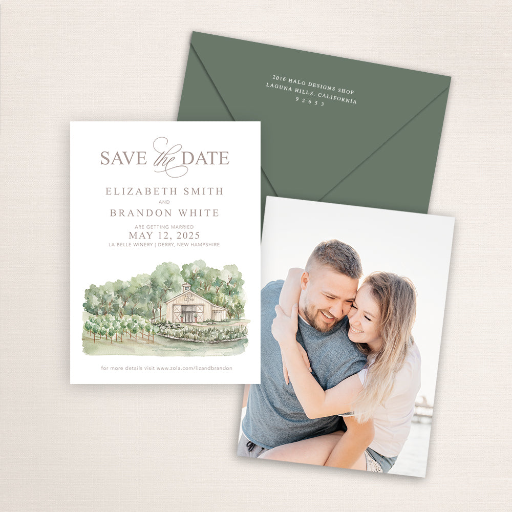 Wedding save the date cards featuring a hand-painted venue watercolor of La Belle Winery in New Hampshire with an engagement photo on the back and matching envelopes.