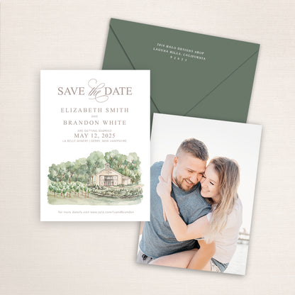 Wedding save the date cards featuring a hand-painted venue watercolor of La Belle Winery in New Hampshire with an engagement photo on the back and matching envelopes.