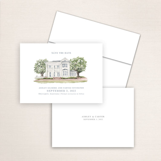 Custom watercolor Save the Date card featuring hand-painted venue illustration of LaChute Plantation  in Shreveport, Louisiana, personalized wedding stationery with elegant venue artwork. 