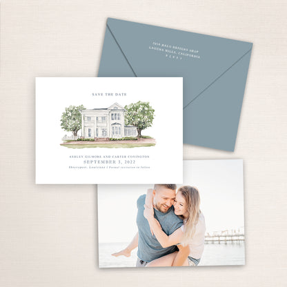 Custom watercolor Save the Date card featuring hand-painted venue illustration of LaChute Plantation  in Shreveport, Louisiana, personalized wedding stationery with elegant venue artwork with matching envelope.