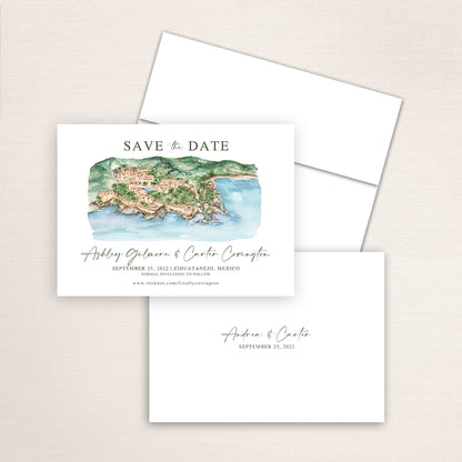 Custom watercolor Save the Date card featuring hand-painted venue illustration of La Casa Que Canta in Zihuatanejo, Mexico, personalized wedding stationery with elegant venue artwork. 