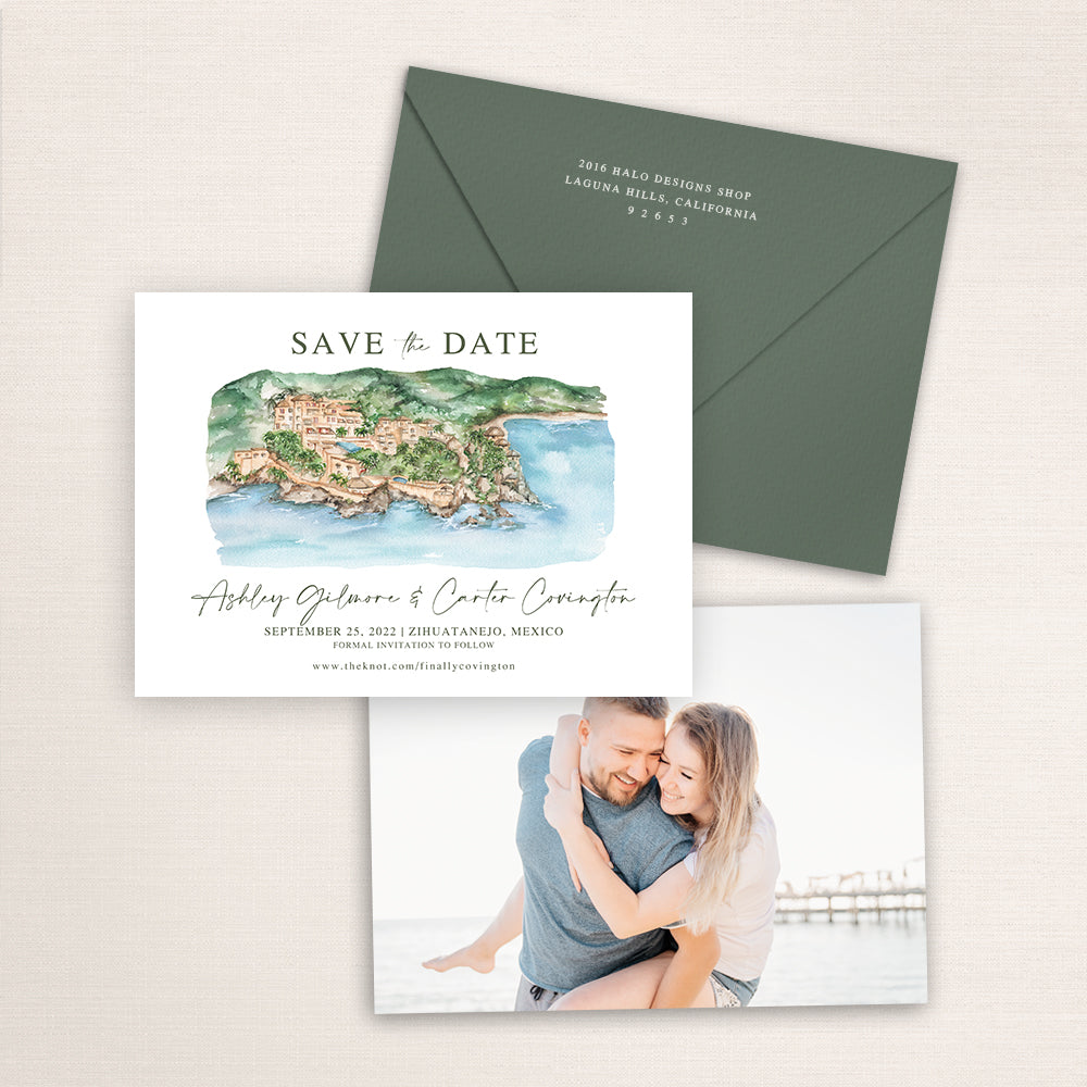 Custom watercolor Save the Date card featuring hand-painted venue illustration of La Casa Que Canta in Zihuatanejo, Mexico, personalized wedding stationery with elegant venue artwork with matching envelope.