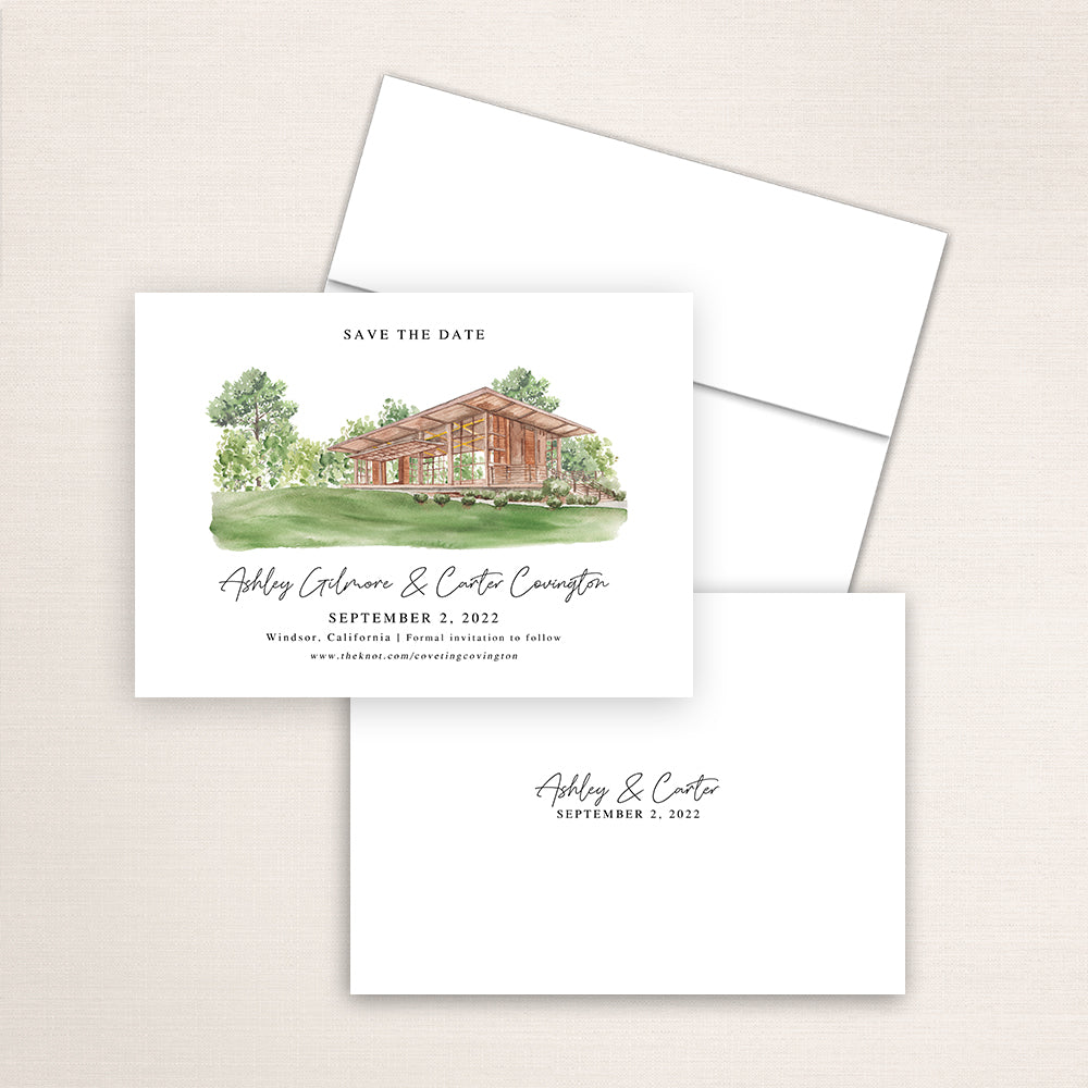 Custom watercolor Save the Date card featuring hand-painted venue illustration of La Crema Winery Estate at Saralee's Vineyard in Windsor, California, personalized wedding stationery with elegant venue artwork. 
