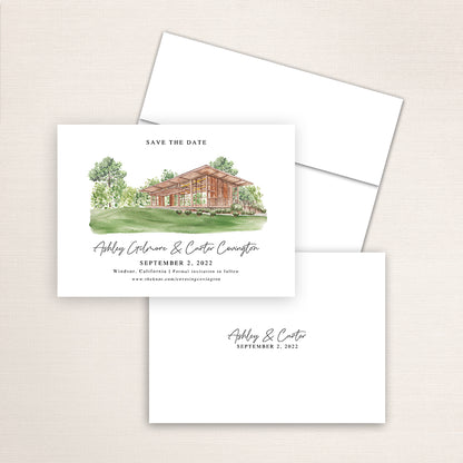 Custom watercolor Save the Date card featuring hand-painted venue illustration of La Crema Winery Estate at Saralee's Vineyard in Windsor, California, personalized wedding stationery with elegant venue artwork. 