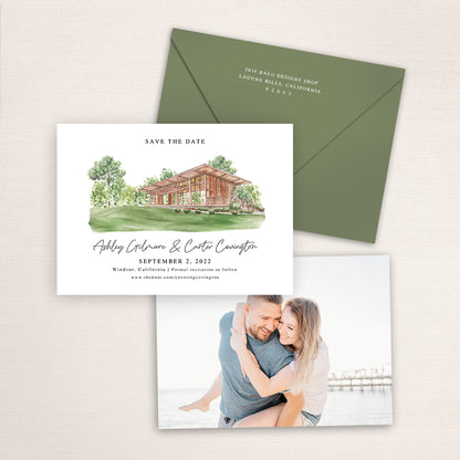 Custom watercolor Save the Date card featuring hand-painted venue illustration of La Crema Winery Estate at Saralee's Vineyard in Windsor, California, personalized wedding stationery with elegant venue artwork with matching envelope.