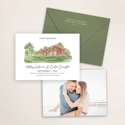 Custom watercolor Save the Date card featuring hand-painted venue illustration of La Crema Winery Estate at Saralee's Vineyard in Windsor, California, personalized wedding stationery with elegant venue artwork with matching envelope.