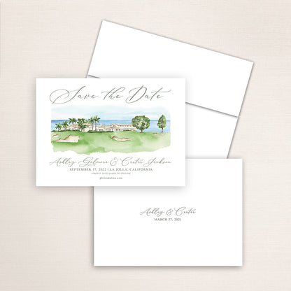 Custom watercolor Save the Date card featuring hand-painted venue illustration of La Jolla Golf Club in La Jolla, California, personalized wedding stationery with elegant venue artwork. 