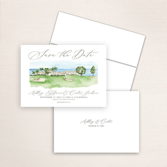 Custom watercolor Save the Date card featuring hand-painted venue illustration of La Jolla Golf Club in La Jolla, California, personalized wedding stationery with elegant venue artwork. 