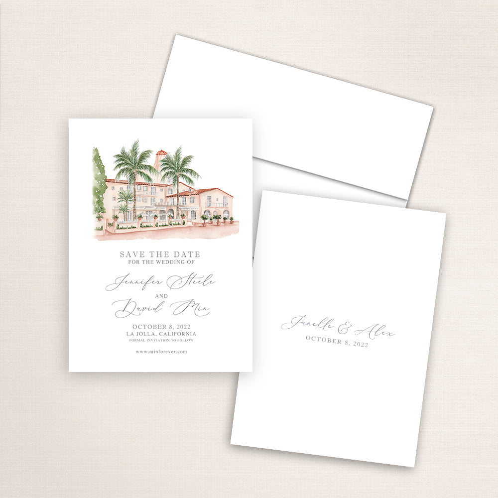 Custom watercolor Save the Date card featuring hand-painted venue illustration of La Valencia Hotel in La Jolla, California, personalized wedding stationery with elegant venue artwork. 