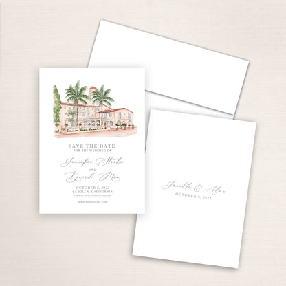 Custom watercolor Save the Date card featuring hand-painted venue illustration of La Valencia Hotel in La Jolla, California, personalized wedding stationery with elegant venue artwork. 