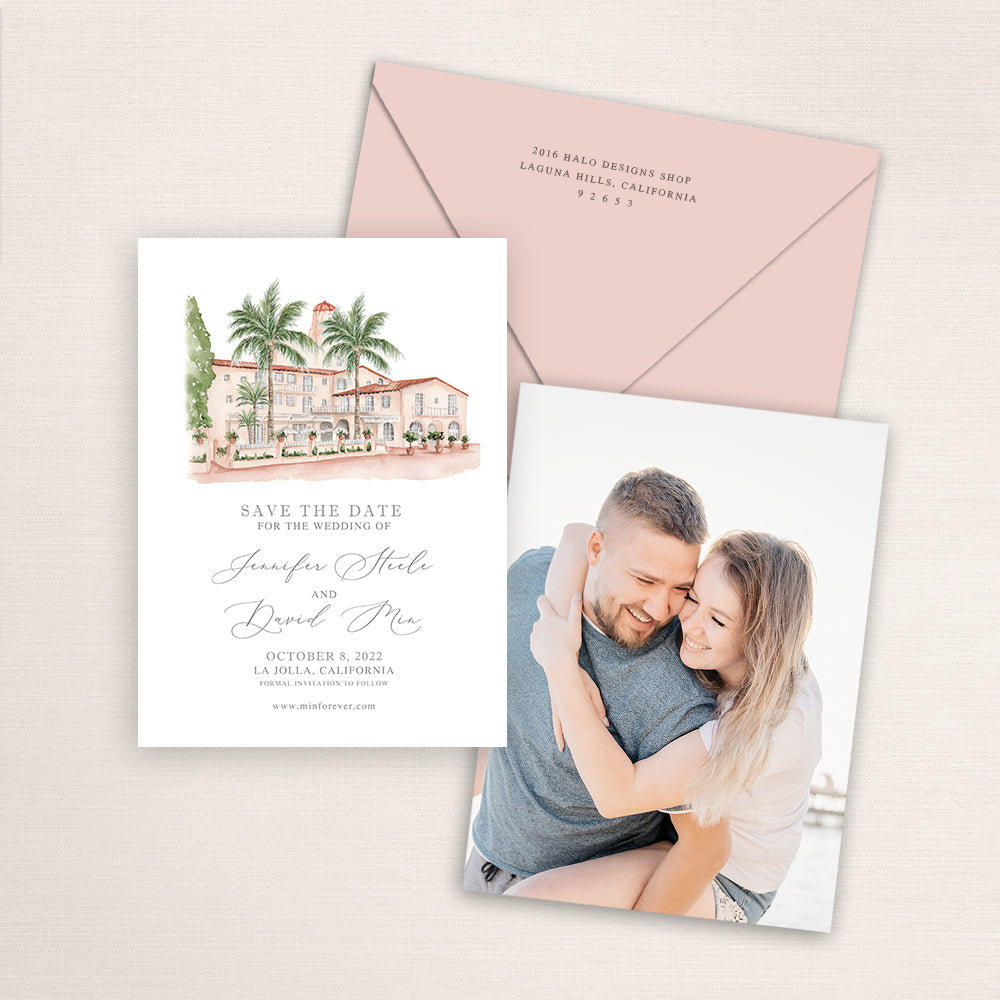 Custom watercolor Save the Date card featuring hand-painted venue illustration of La Valencia Hotel in La Jolla, California, personalized wedding stationery with elegant venue artwork with matching envelope.