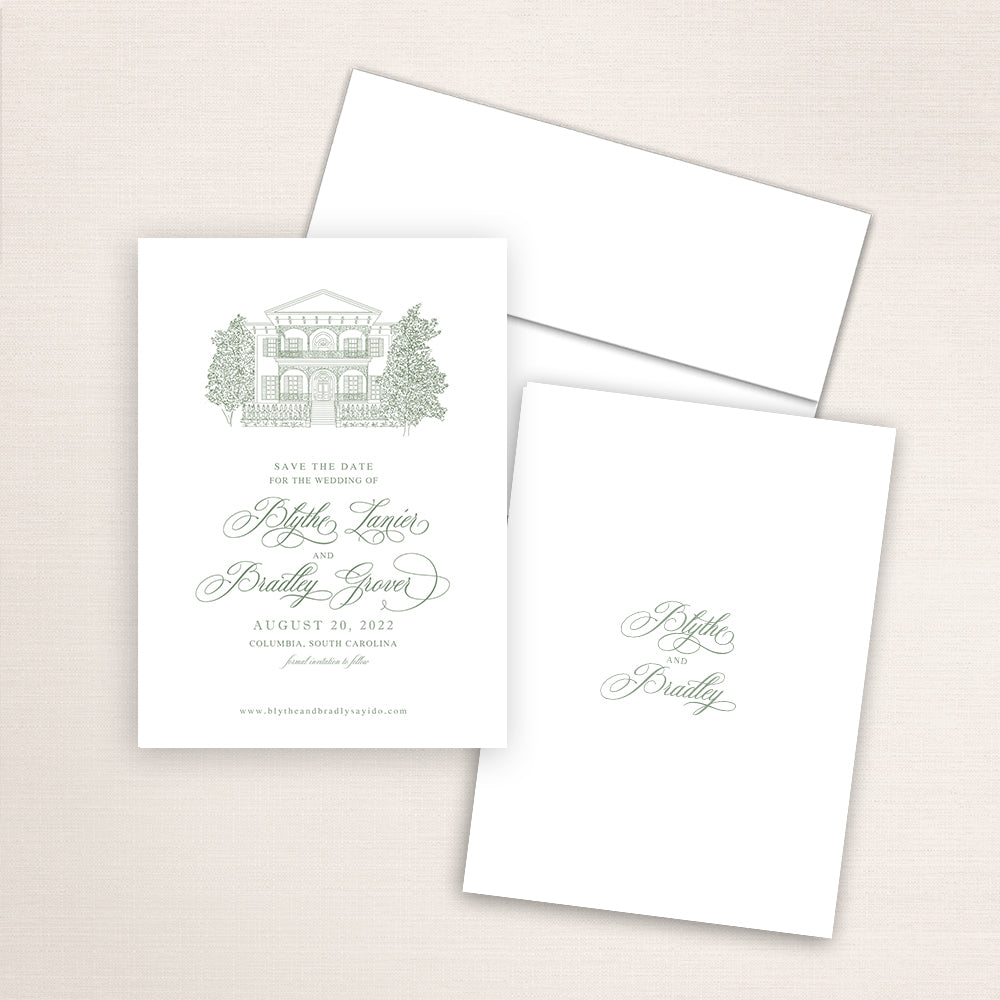 Custom Sketch Save the Date card featuring hand-drawn venue illustration of Lace House in Columbia, South Carolina. Personalized wedding stationery with elegant venue artwork.