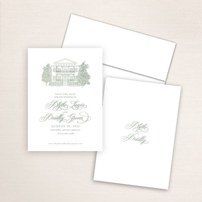 Custom Sketch Save the Date card featuring hand-drawn venue illustration of Lace House in Columbia, South Carolina. Personalized wedding stationery with elegant venue artwork.