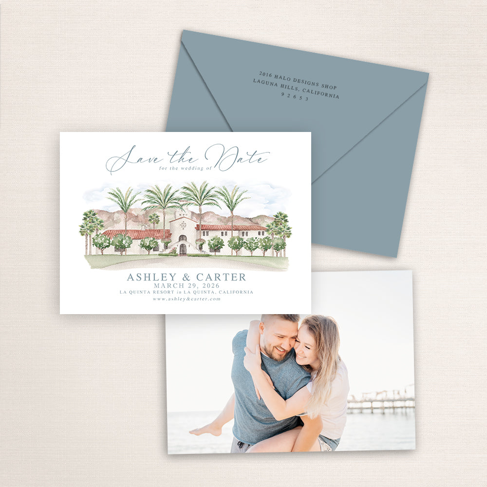 La Quinta Resort watercolor painting on a save the date card with a photo back and matching envelope.