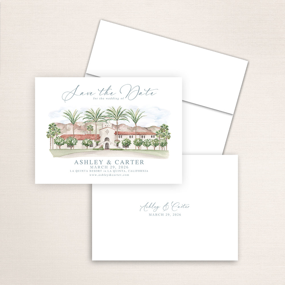 La Quinta Resort watercolor painting on a save the date card.