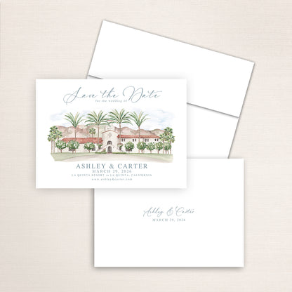 La Quinta Resort watercolor painting on a save the date card.