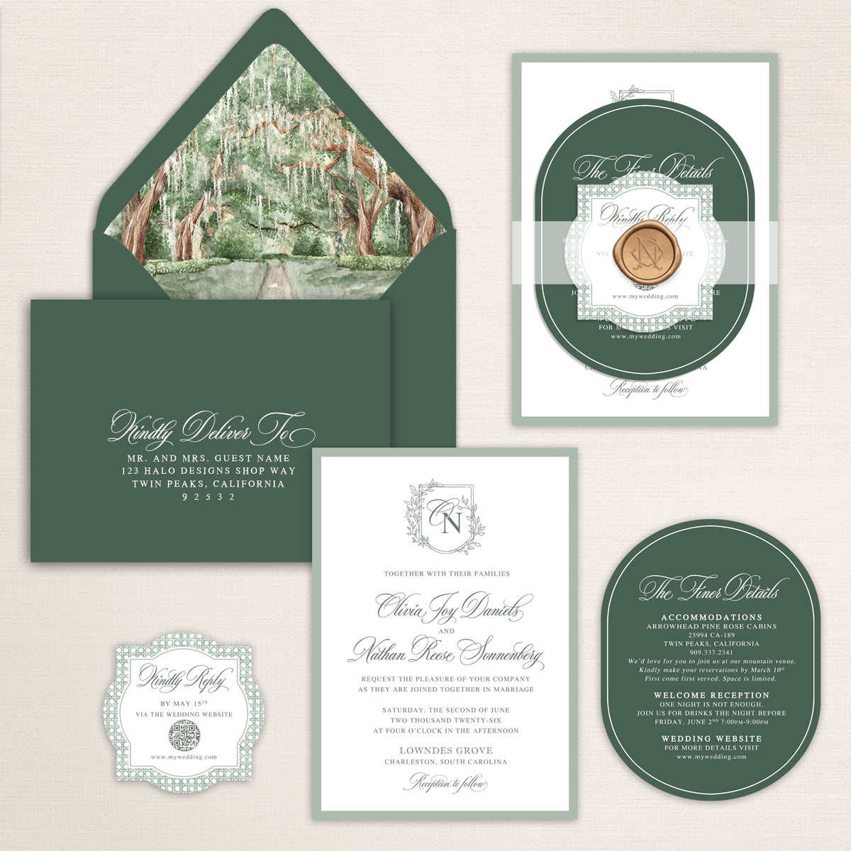 Forest green Southern wedding invitation suite with watercolor live oak envelope liner, elegant calligraphy, custom monogram, oval details card, decorative QR code RSVP card, and layered ivory and sage stationery for a refined Low Country wedding.