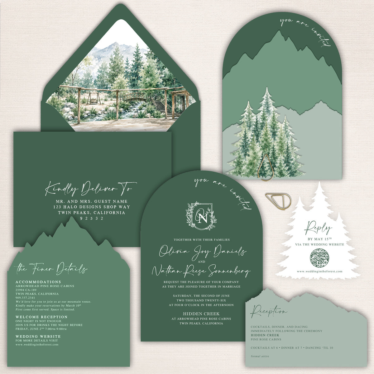 Forest green and sage mountain wedding invitation suite with laser cut mountain shapes, pine tree details, arched wedding invitation, watercolor venue envelope liner, details card, reception card, and tree shaped QR code RSVP card. Elegant woodland wedding stationery designed for a rustic mountain, forest, lodge, or outdoor wedding.