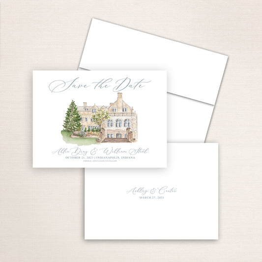 Custom watercolor Save the Date card featuring hand-painted venue illustration of Laurel Hall in Indianapolis, Indiana, personalized wedding stationery with elegant venue artwork. 
