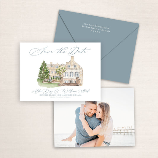 Custom watercolor Save the Date card featuring hand-painted venue illustration of Laurel Hall in Indianapolis, Indiana, personalized wedding stationery with elegant venue artwork with matching envelope.