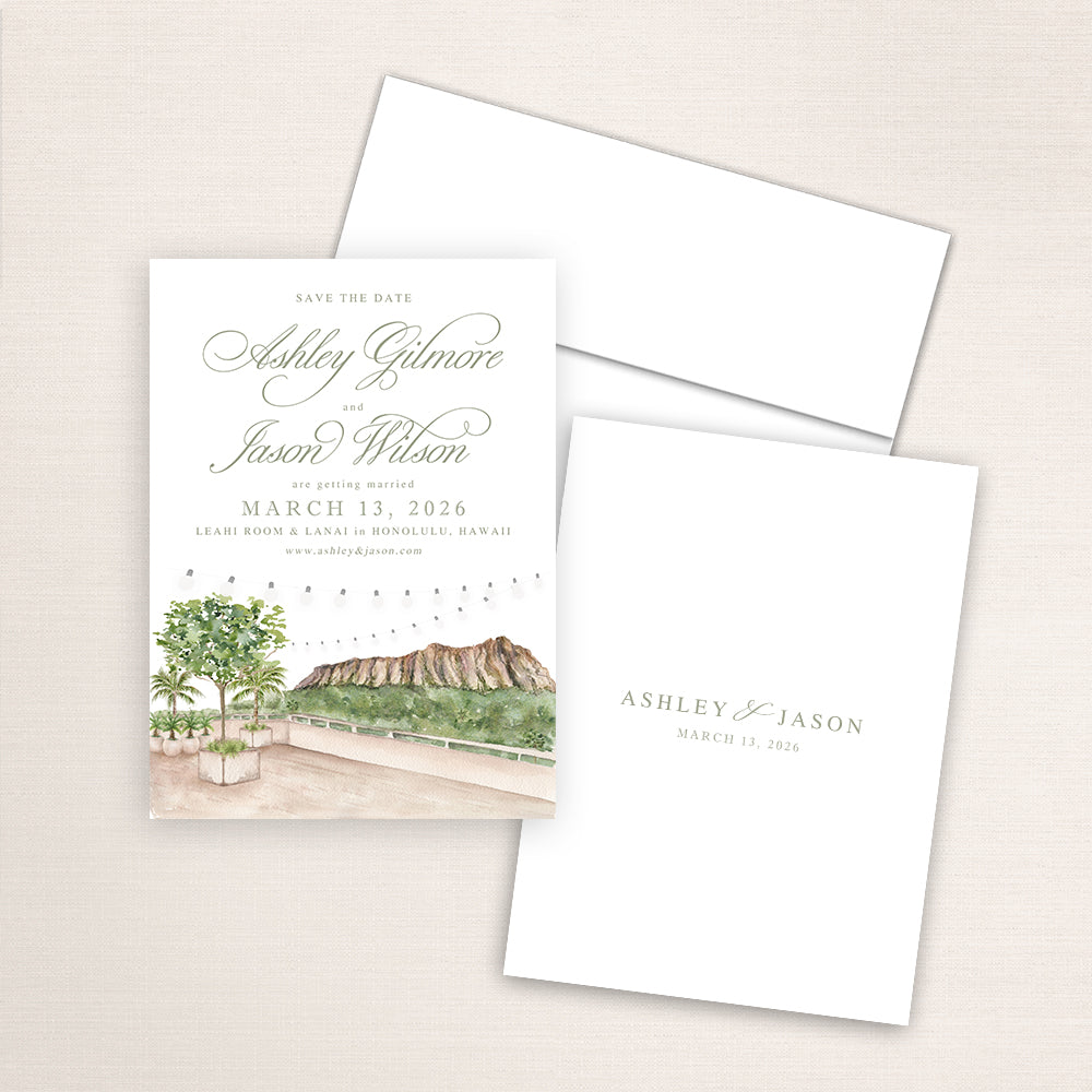Wedding save the date announcements featuring a hand-painted view of Diamond Head in Honolulu Hawaii.