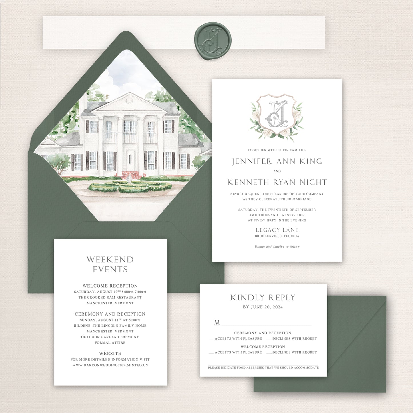 Wedding invitation suite with watercolor illustration of Legacy Lane, custom crest design, and coordinating inserts.