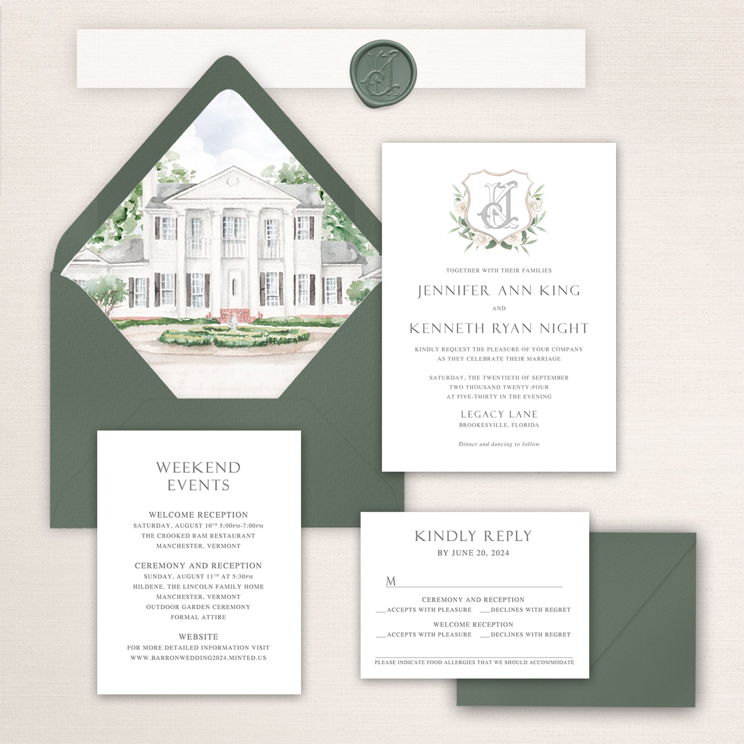 Wedding invitation suite with watercolor illustration of Legacy Lane, custom crest design, and coordinating inserts.