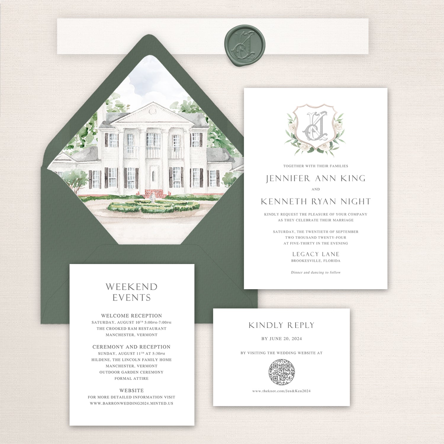 Wedding invitation suite with watercolor illustration of Legacy Lane, custom crest design, and coordinating stationery pieces.