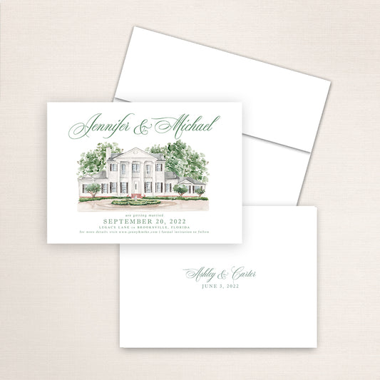 Custom watercolor Save the Date card featuring hand-painted venue illustration of Legacy Lane in Brooksville, Florida, personalized wedding stationery with elegant venue artwork. 