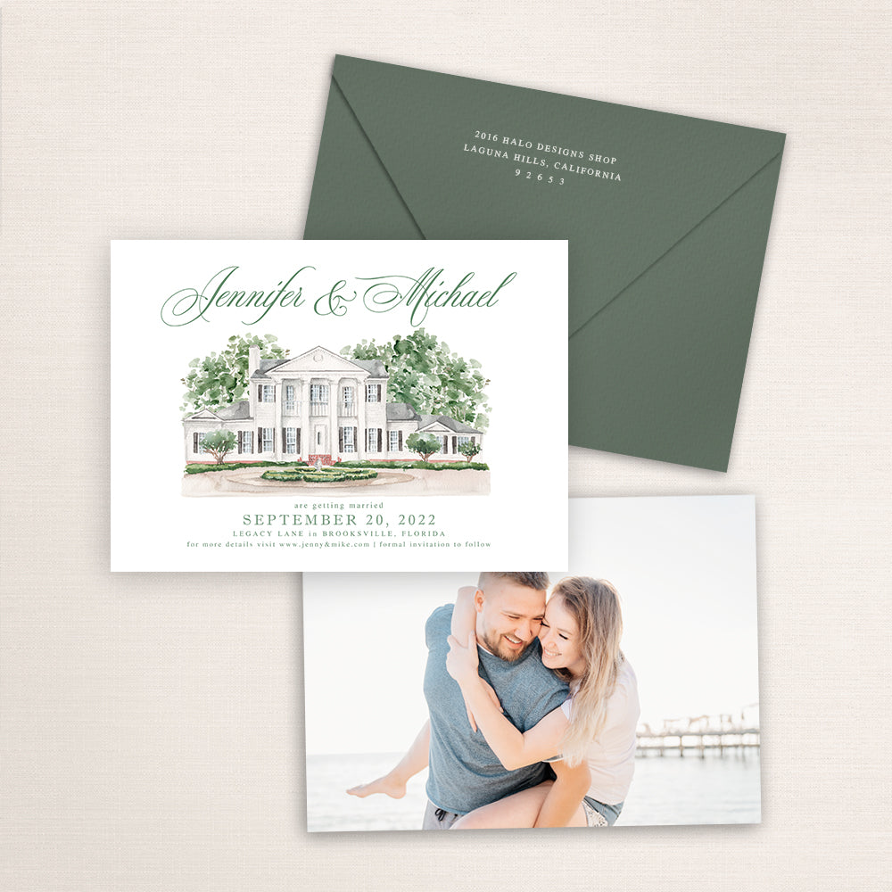 Custom watercolor Save the Date card featuring hand-painted venue illustration of Legacy Lane in Brooksville, Florida, personalized wedding stationery with elegant venue artwork with matching envelope.