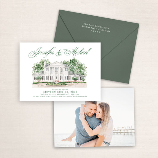 Custom watercolor Save the Date card featuring hand-painted venue illustration of Legacy Lane in Brooksville, Florida, personalized wedding stationery with elegant venue artwork with matching envelope.