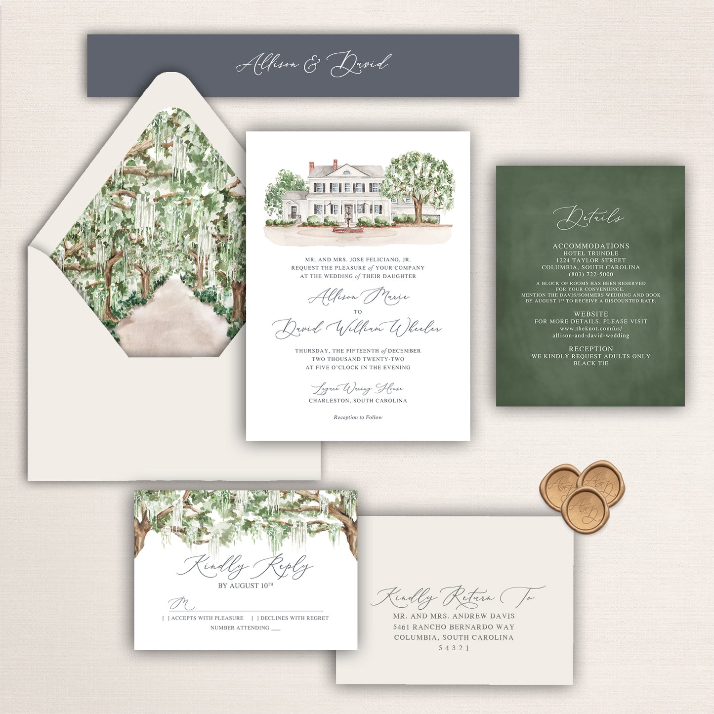 Wedding invitation suite with watercolor illustration of the Legare Waring House and oak tree envelope liner.